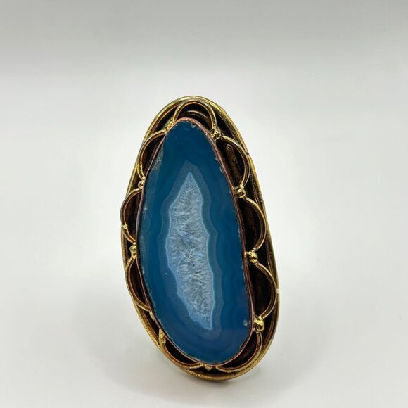 Handcrafted Blue Druzy Agate Statement Ring Mixed Metal Artisan Design - Picture 5 of 7